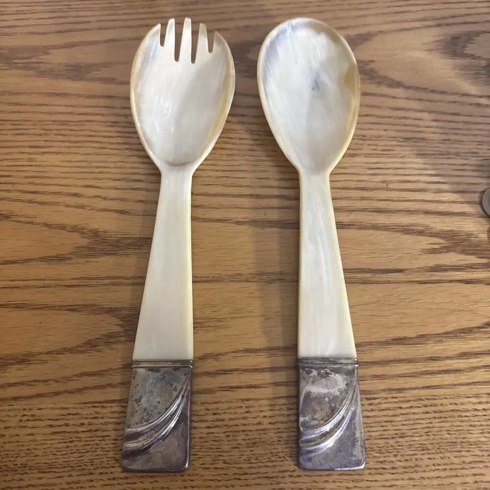 Vintage Art Deco 835 Solid Silver & Natural Horn Salad Serving Set Spoon Fork
